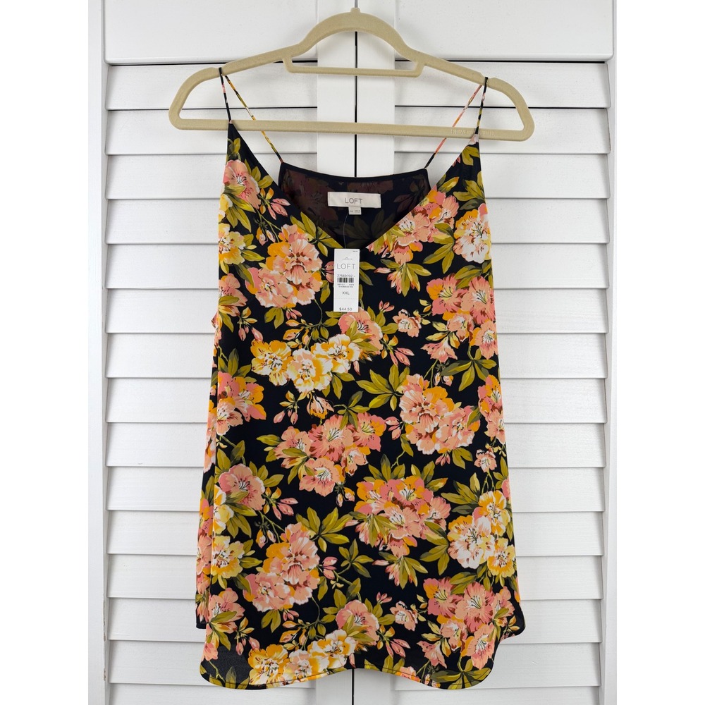 LOFT Cami Tank Top Women XXL Black Floral Strappy V-Neck NEW